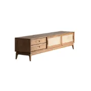 Cottage Walnut TV Stand for 80 inch TV with 2 Drawers & 2 Doors & Rattan