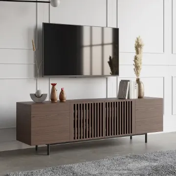 Japandi Slatted Media Console Wood TV Stand in Walnut with Shelves Japandi Slatted Media Console Wood TV Stand in Walnut with Shelves