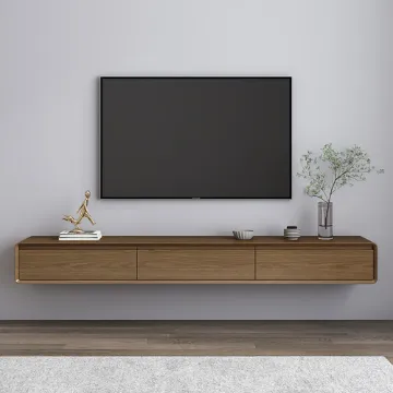 Mid Century Floating Wood TV Stand in Walnut with 3 Drawers Mid Century Floating Wood TV Stand in Walnut with 3 Drawers