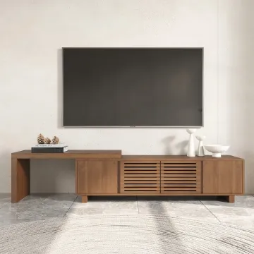 Japandi 63 to 83 Walnut Retracted & Extendable TV Stand with 4 Shelves Up to 85 Japandi 63 to 83 Walnut Retracted & Extendable TV Stand with 4 Shelves Up to 85