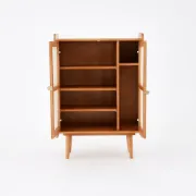 japandi Walnut Rattan Shoe Cabinet 2-Door 4-Shelf Shoe Organizer