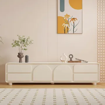 تفاصيل وحدة تلفزيون أرايم من الخشب الطبيعي – بتصميم مقوّس وأدراج للتخزين صورة وحدة تلفزيون أرايم من الخشب الطبيعي – بتصميم مقوّس وأدراج للتخزين