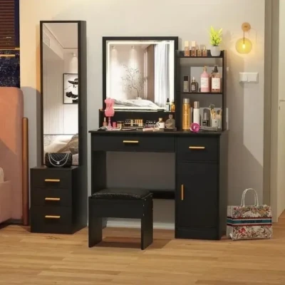 صورة طاولة مكياج مع مرآة مضاءة خشب طبيعى-صن كراون