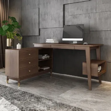 Show details for Ultic โ L-Shaped Natural Wood Home Desk with Drawers & Shelf Picture of Ultic โ L-Shaped Natural Wood Home Desk with Drawers & Shelf