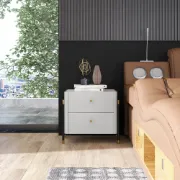 Haki Nightstand – Natural Wood Frame with Faux Marble Top and Dual Drawers