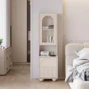 صورة Modern Tall White Nightstand with Glass Door & Sheleves 2-Drawer Bedside Table