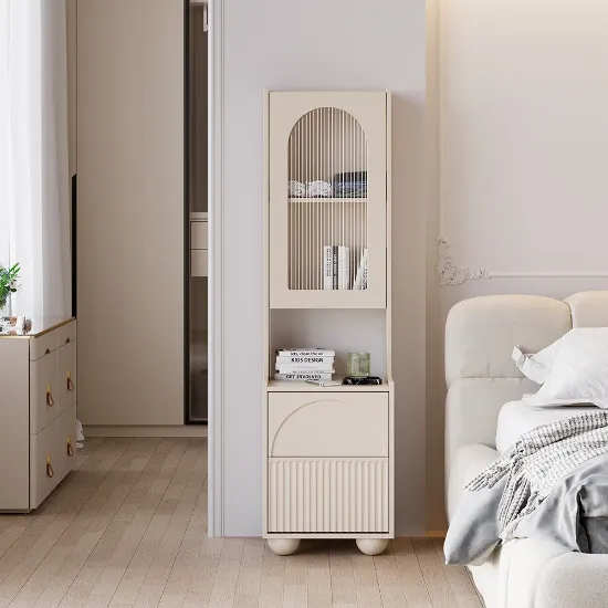 صورة Modern Tall White Nightstand with Glass Door & Sheleves 2-Drawer Bedside Table