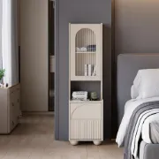 صورة Modern Tall White Nightstand with Glass Door & Sheleves 2-Drawer Bedside Table