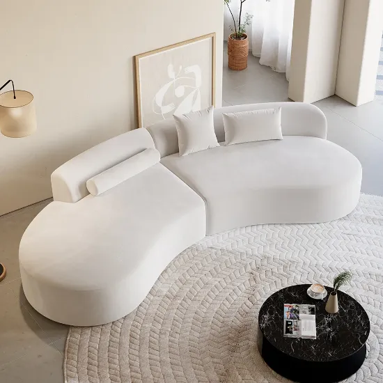 صورة Modern White Curved Velvet Sectional Sofa 2 Piece 4-Seater Chaise with 3 Pillows