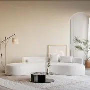 صورة Modern White Curved Velvet Sectional Sofa 2 Piece 4-Seater Chaise with 3 Pillows