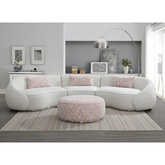 صورة Modern Curved Upholstered Round Arms Sectional Sofa with 3 Pillows，Beige