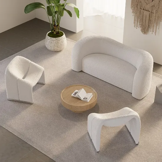 Picture of Modern 67 White Boucle Upholstered Curved 2 Seater Sofa for Living Room