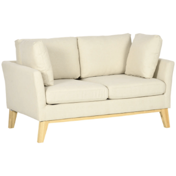 تفاصيل Arvella Scandinavian 2-Seater Sofa – Beige Linen with Natural Wood Base صورة Arvella Scandinavian 2-Seater Sofa – Beige Linen with Natural Wood Base