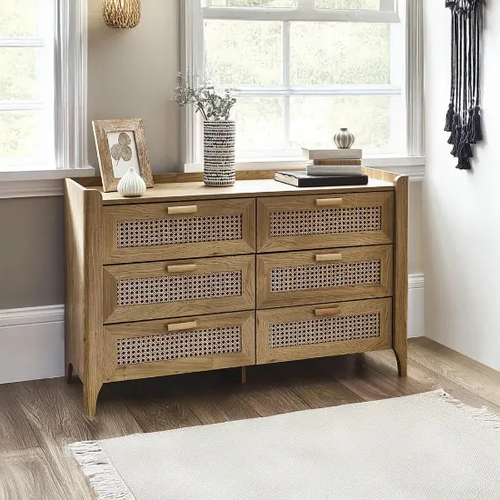 Elira – Natural Wood & Rattan 6-Drawer Chest
