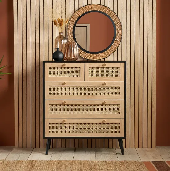 Mireya – 5-Drawer Chest in Natural Wood & Rattan Elegance