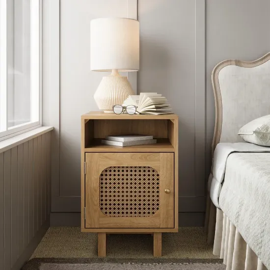 Zoya –Natural Wood Rattan Bedside Cabinet with Door & Open Shelf