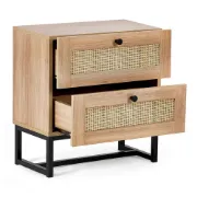 Mira Side Table – Natural Wood with Two Rattan Drawers and Elegant Black Metal Base