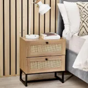 Mira Side Table – Natural Wood with Two Rattan Drawers and Elegant Black Metal Base