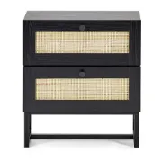 Mira Side Table – Natural Wood with Two Rattan Drawers and Elegant Black Metal Base