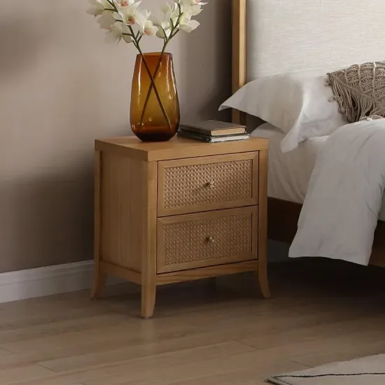 Rhea Natural woos & Rattan - Nightstand with 2 Drawers
