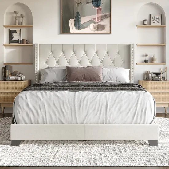 صورة سرير إڤانا خشب طبيعي – بتصميم لوح رأس منجد