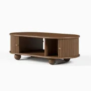 صورة طاولة قهوة توندو بيضاوية – خشب طبيعي مع تخزين وأرجل دائرية