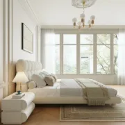 صورة السرير المُنجّد “كلوديل” بقاعدة من الخشب الطبيعي – بتصميم منحنيات ناعمة