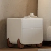 Picture of Milo Nightstand – Natural Wood  & Soft Upholstery with Sculpted Wood Legs
