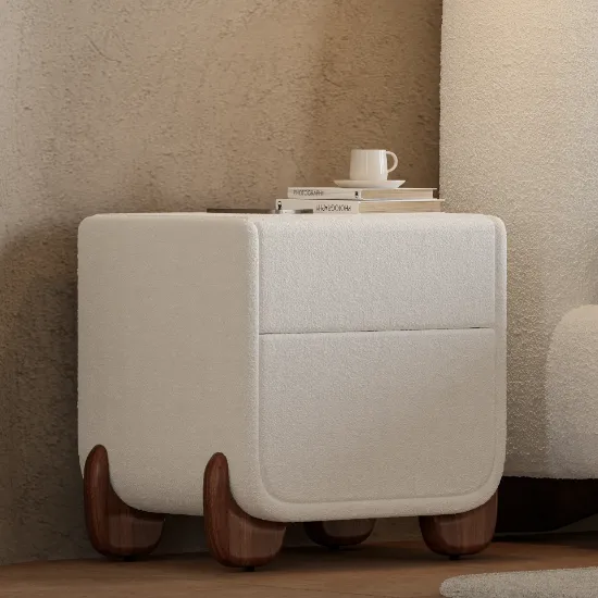 Picture of Milo Nightstand – Natural Wood  & Soft Upholstery with Sculpted Wood Legs