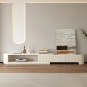 صورة وحدة تلفاز آرڤيا  قابلة للتوسيع – تصميم منحني بسيط من الخشب الطبيعي