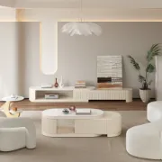 صورة وحدة تلفاز آرڤيا  قابلة للتوسيع – تصميم منحني بسيط من الخشب الطبيعي