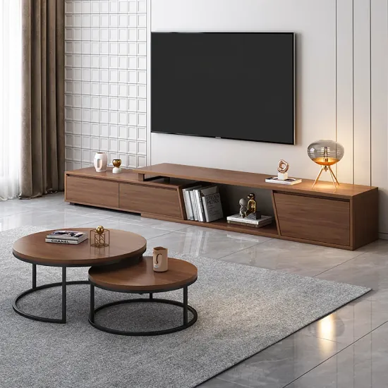 Noctis – Natural Wood TV Stand with Round Coffee Tables
