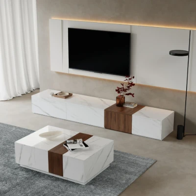 Marquina – Natural Wood TV Unit with Marble-Effect Finish and Matching Coffee Table