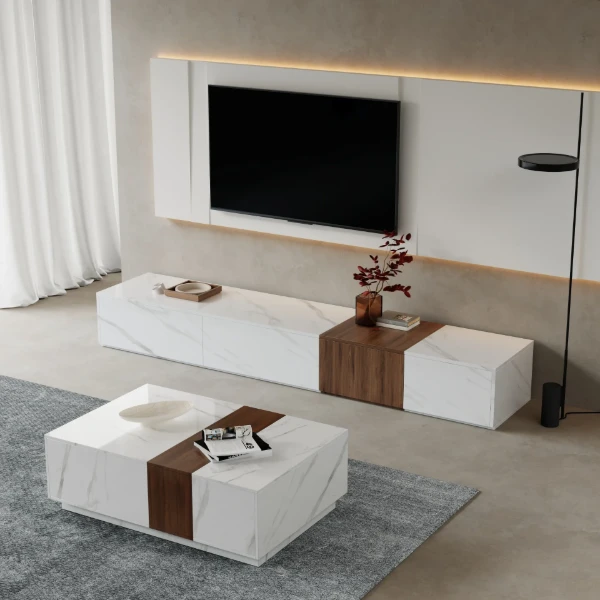 Marquina – Natural Wood TV Unit with Marble-Effect Finish and Matching Coffee Table