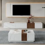 Marquina – Natural Wood TV Unit with Marble-Effect Finish and Matching Coffee Table