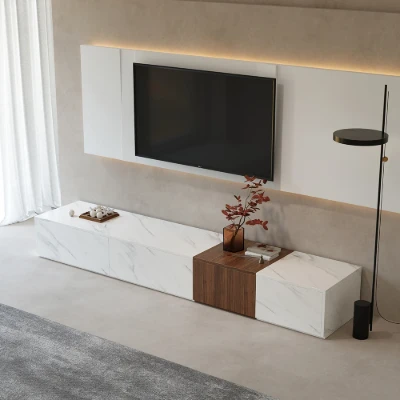 Marquina – Natural Wood TV Unit with Marble-Effect Finish and Matching Coffee Table