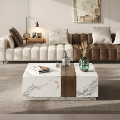 Marquina – Natural Wood TV Unit with Marble-Effect Finish and Matching Coffee Table
