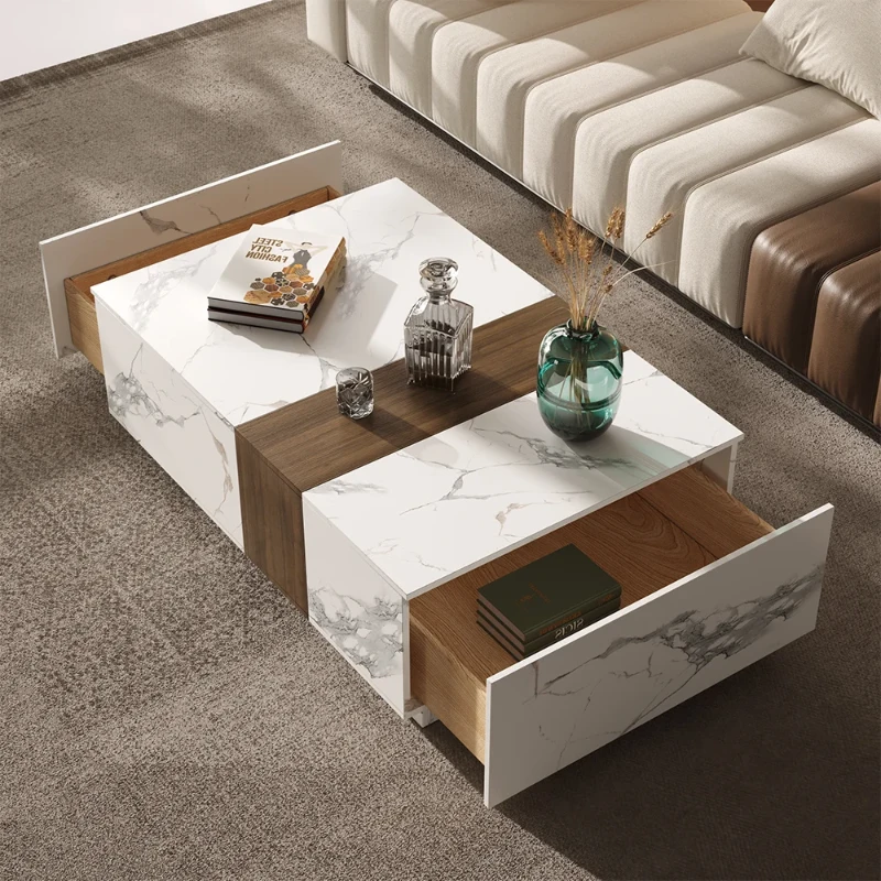 Marquina – Natural Wood TV Unit with Marble-Effect Finish and Matching Coffee Table