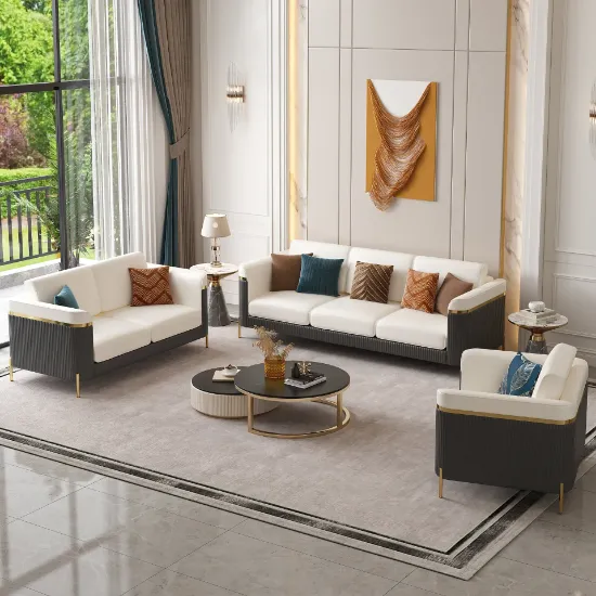 Diora – Sofa Set of Two Sofas & One Armchair with Natural Wood Frame and Gold Stainless-Steel Legs