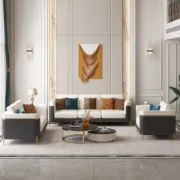 Diora – Sofa Set of Two Sofas & One Armchair with Natural Wood Frame and Gold Stainless-Steel Legs