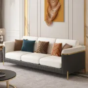 Diora – Sofa Set of Two Sofas & One Armchair with Natural Wood Frame and Gold Stainless-Steel Legs
