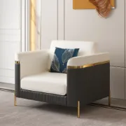 Diora – Sofa Set of Two Sofas & One Armchair with Natural Wood Frame and Gold Stainless-Steel Legs