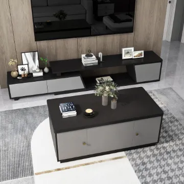Nerio – Modern TV Unit Set made of Natural Wood with Extendable Design and Multi-Functional Coffee Table Nerio – Modern TV Unit Set made of Natural Wood with Extendable Design and Multi-Functional Coffee Table