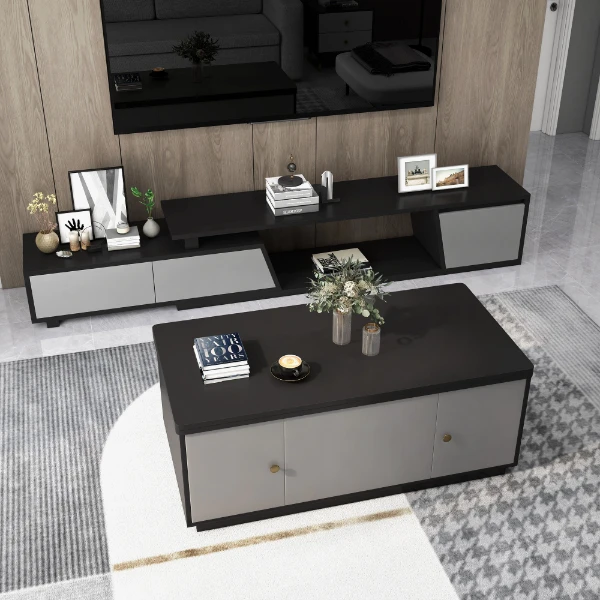 Nerio – Modern TV Unit Set made of Natural Wood with Extendable Design and Multi-Functional Coffee Table