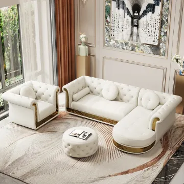 Valencia – Tufted Sectional Sofa made of Natural Wood with Gold Stainless-Steel Touch, featuring Armchair & Chaise Lounge Valencia – Tufted Sectional Sofa made of Natural Wood with Gold Stainless-Steel Touch, featuring Armchair & Chaise Lounge