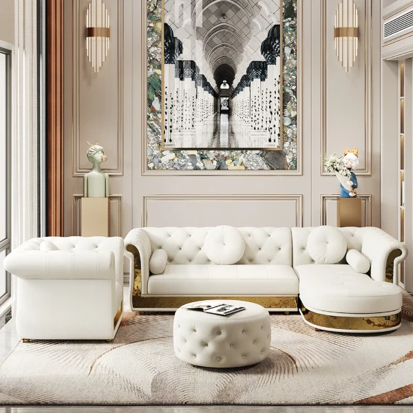 Valencia – Tufted Sectional Sofa made of Natural Wood with Gold Stainless-Steel Touch, featuring Armchair & Chaise Lounge