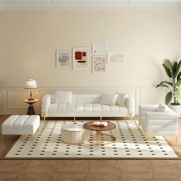 Amélis– Modern Natural Wood Sofa Set with Armchair and Ottoman, Golden Legs