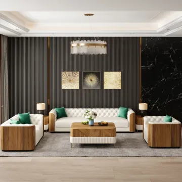 Montclair – Luxury Sofa Set with Two Sofas and an Armchair in Natural Wood Accents Montclair – Luxury Sofa Set with Two Sofas and an Armchair in Natural Wood Accents