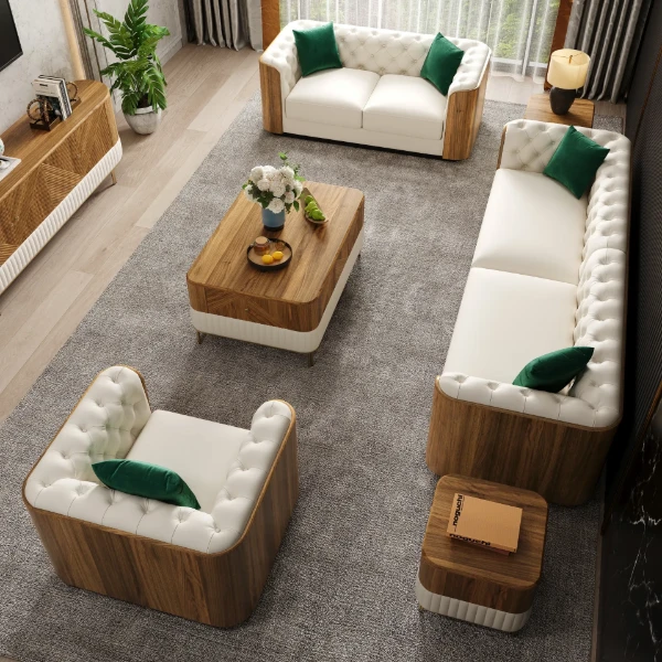 Montclair – Luxury Sofa Set with Two Sofas and an Armchair in Natural Wood Accents
