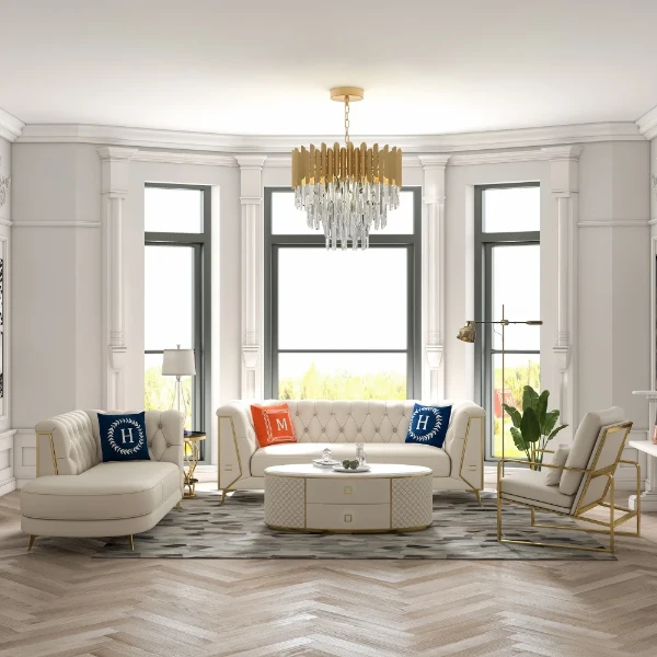 Versailles – Elegant Sofa Set with 2 Couches, Armchair & Coffee Table with Gold Accents